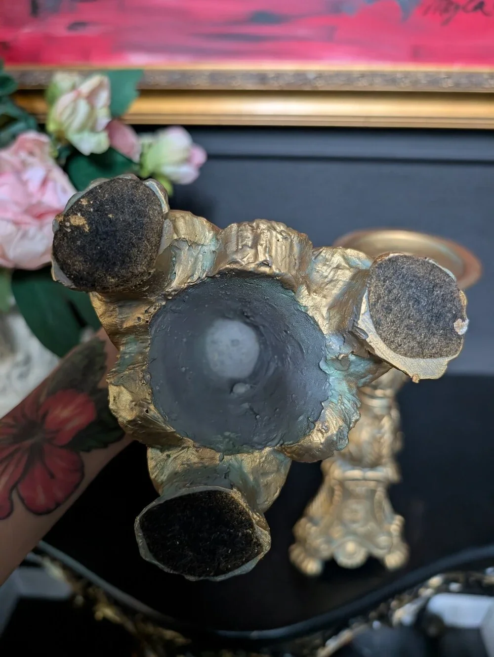 Vintage, set of 2,  Large Renaissance Style Gold Gilt Tripod Footed Large Candle